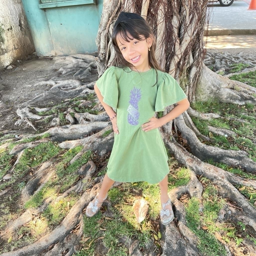 Vestido Infantil Manga Princesa Abacaxi Verde Oliva