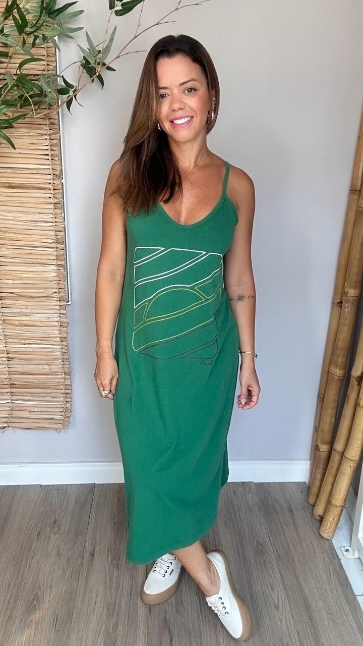 Vestido Midi Alça Pôr Do Sol Gráfico Verde Bandeira 