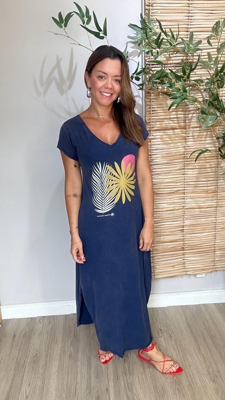 Vestido Gola V Botanical Inspiration Azul Marinho