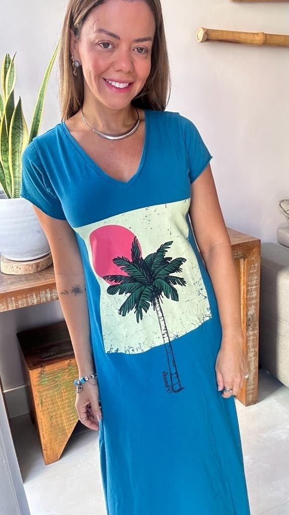 Vestido Gola V Sol & Coqueiro Azul Turquesa