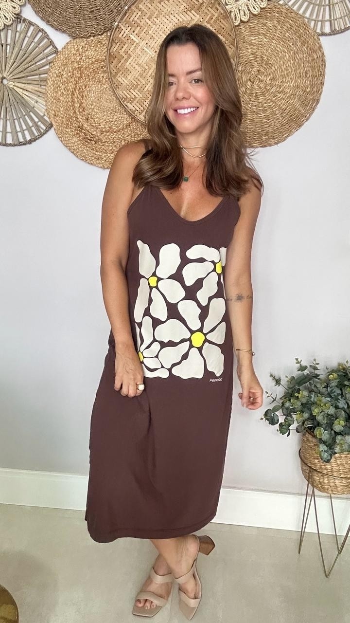 Vestido Midi Alça Multiflores Café