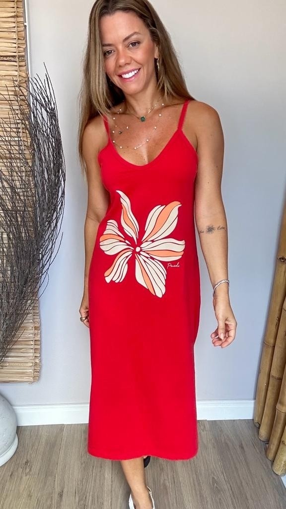 Vestido Midi Alça Flor Carmim Vermelho