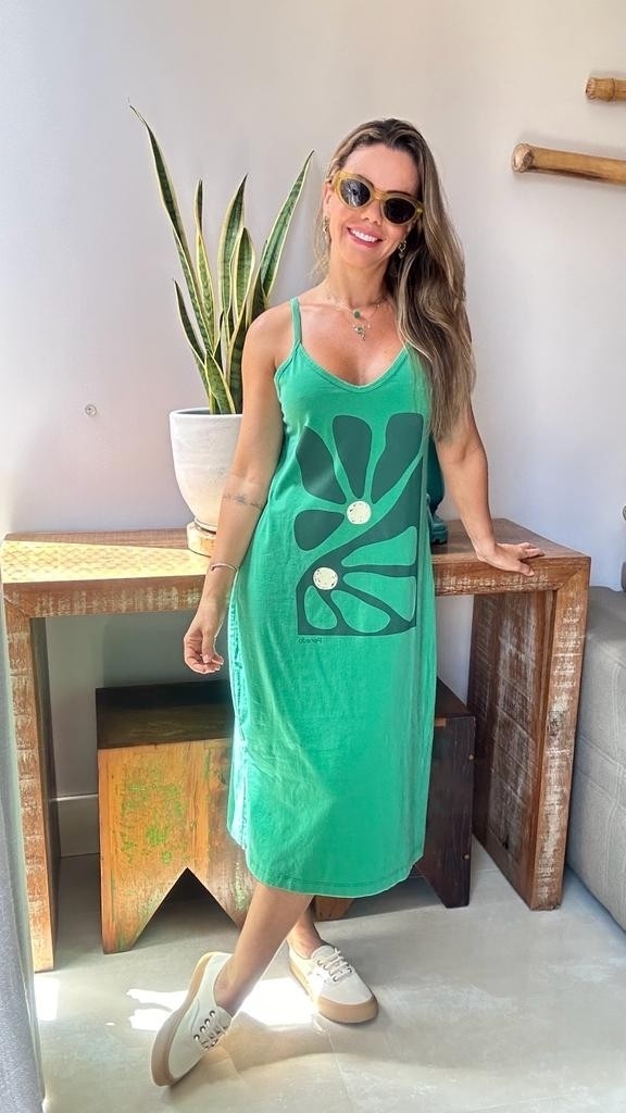 Vestido Midi Alça Reflexo Da Flor Verde Especial