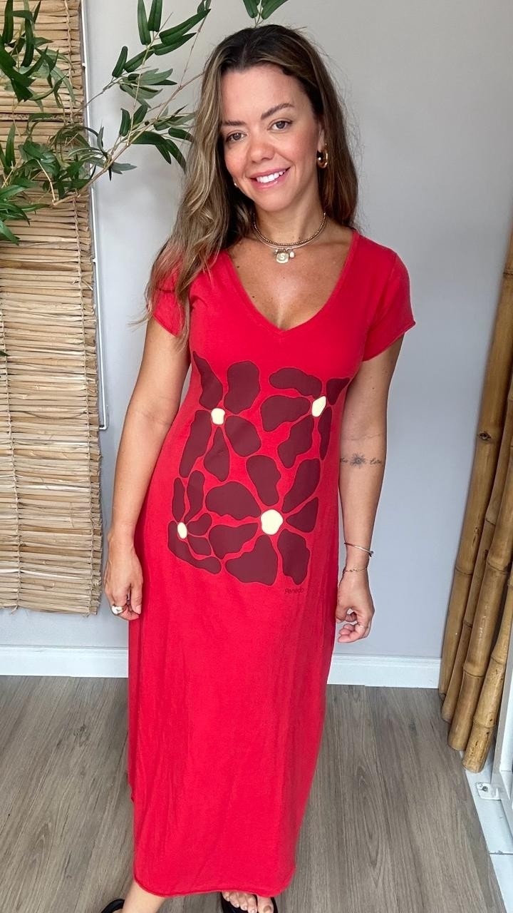 Vestido Gola V Multiflores Vermelho