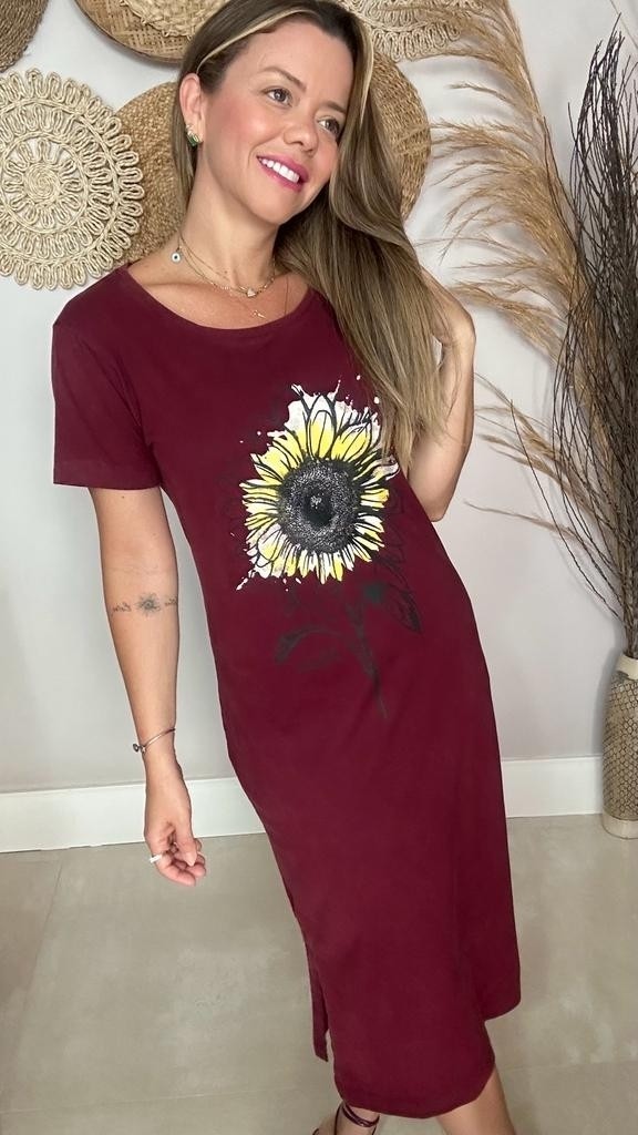 Dress Midi Manga Girassol Bordô