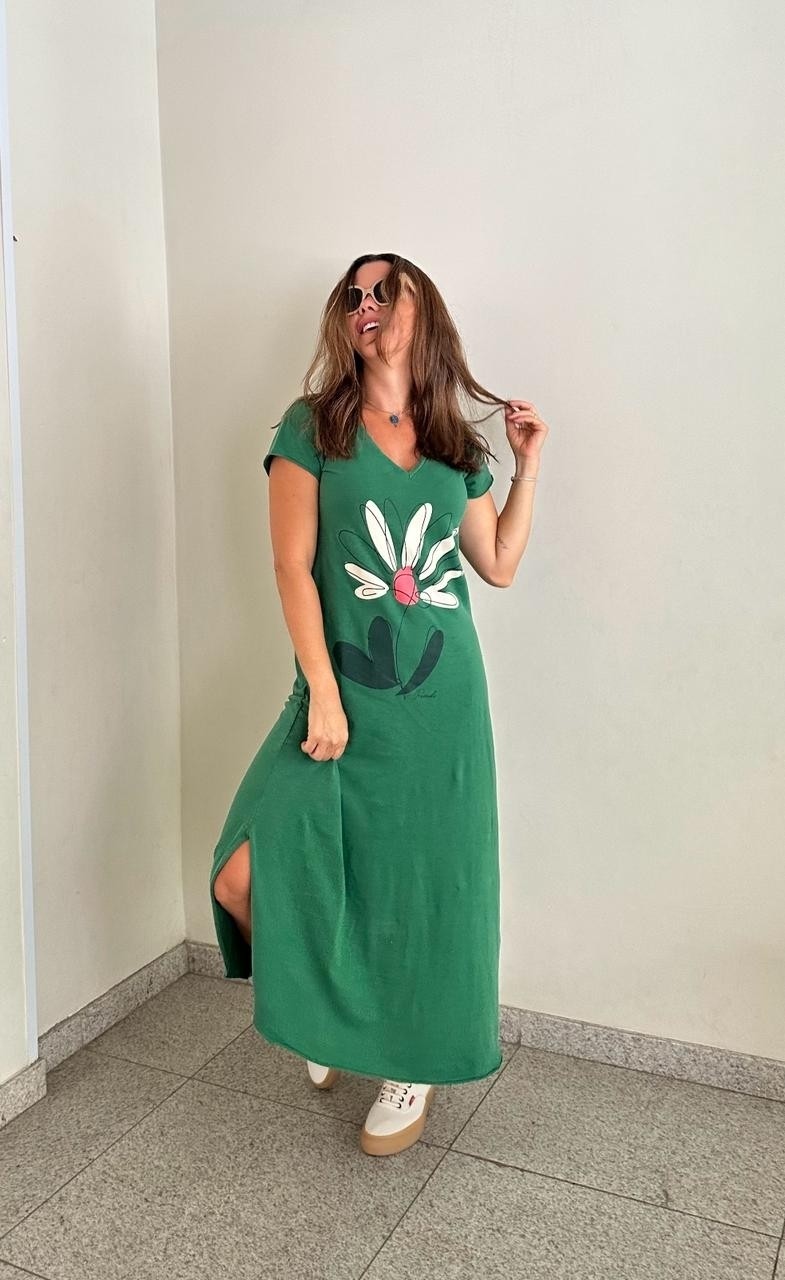 Vestido Gola V  Margarida Verde Bandeira