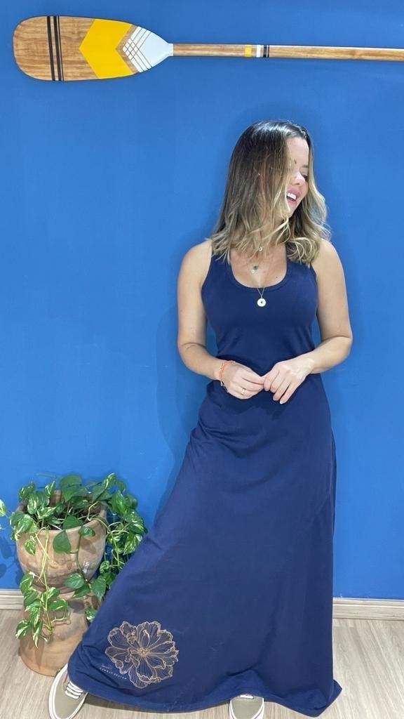 Vestido Longo Ana Nature Flower Azul Marinho