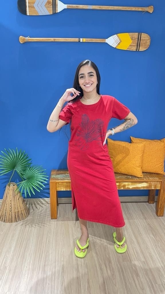 Dress Midi Manga Tropical Vermelho