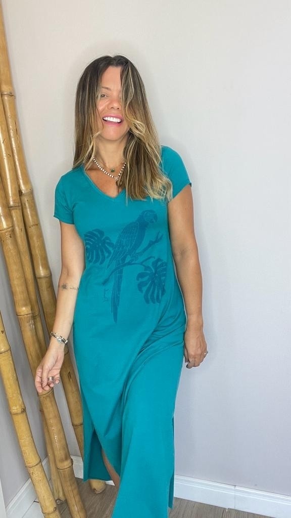 Vestido Gola V Costela De Adão E Arara Azul Petróleo