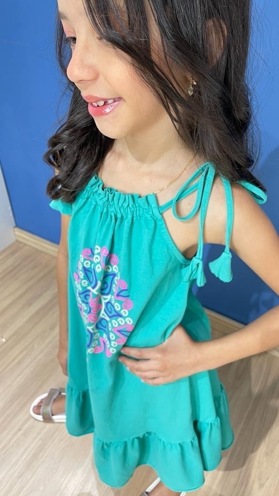 Vestido Infantil Com Babado Mandala Verde Jade