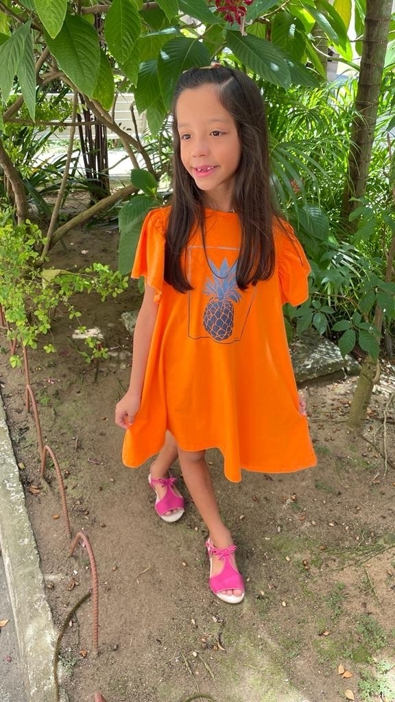 Vestido Infantil Manga Princesa Abacaxi Laranja